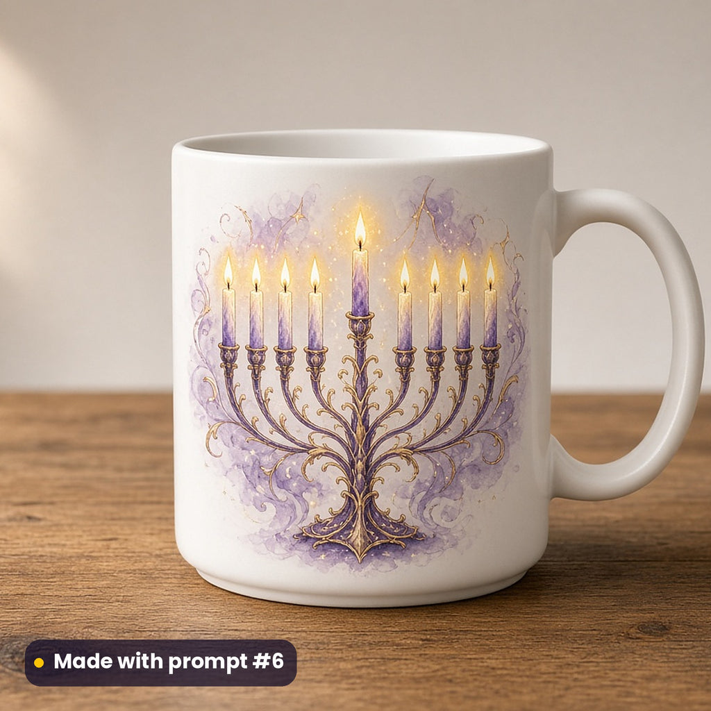 Hanukkah artwork printed on a UV-printed ceramic mug: nine-branched menorah with all candles glowing, fantasy luminous style, made with prompt #6 from this pack