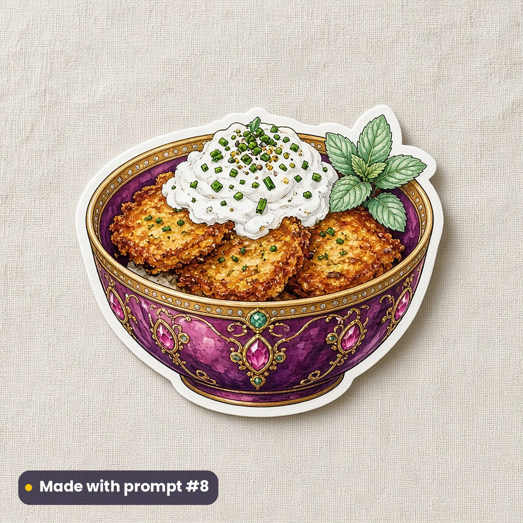 Hanukkah artwork printed on a die-cut vinyl sticker: bowl of sour cream and chives with latkes, luxury enamel & gemstone style, made with prompt #8 from this pack