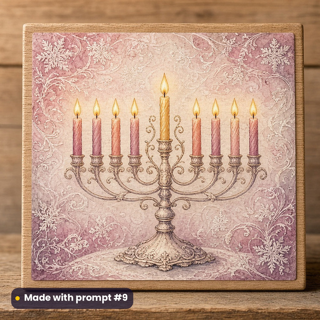 Hanukkah artwork printed on a UV-printed wooden plaque: a nine-branched menorah glowing against a frosty background, luxury porcelain style, made with prompt #9 from this pack