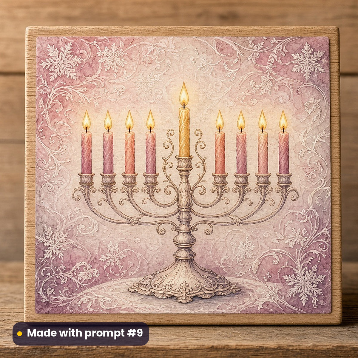Hanukkah artwork printed on a UV-printed wooden plaque: a nine-branched menorah glowing against a frosty background, luxury porcelain style, made with prompt #9 from this pack