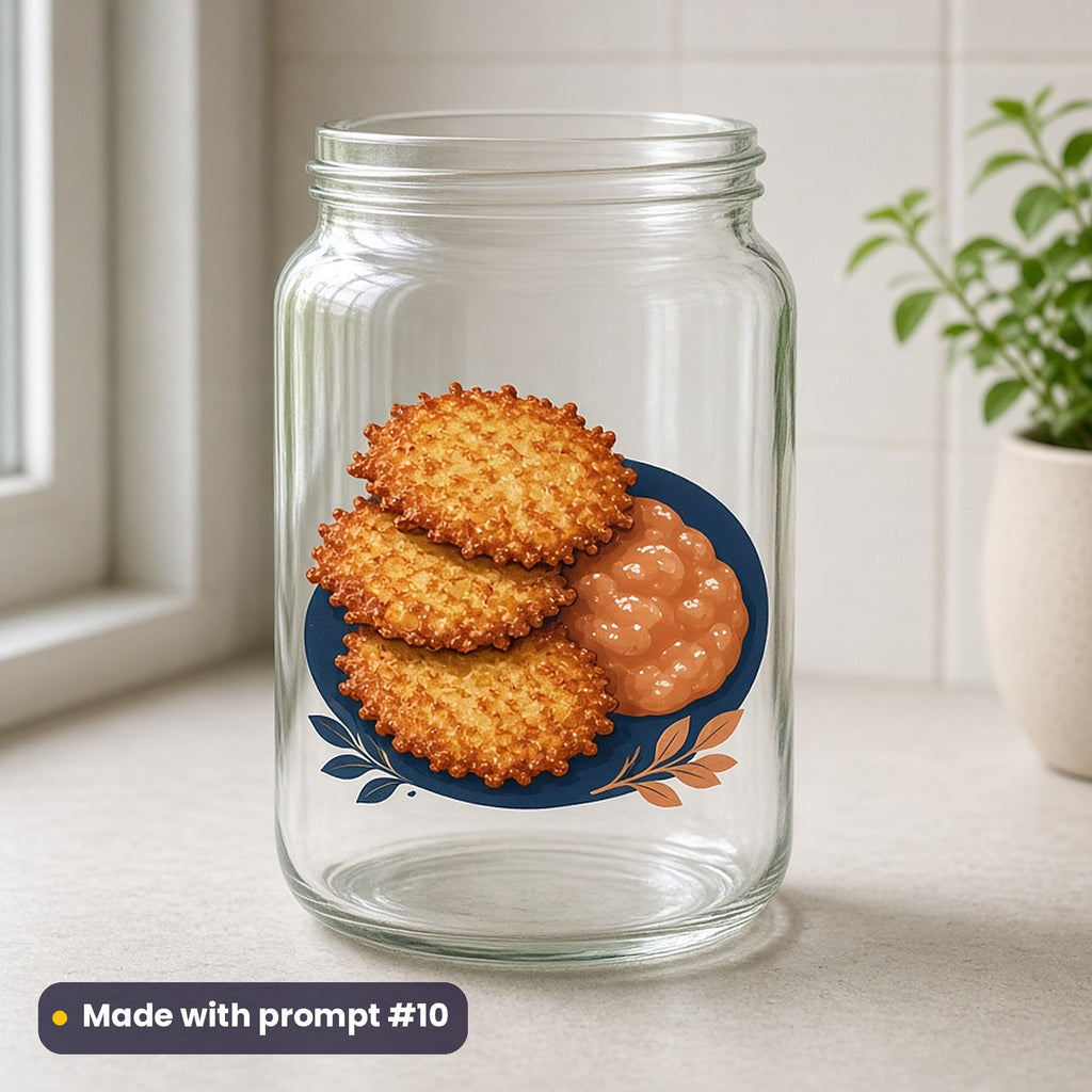 Hanukkah artwork printed on a UV DTF decal on glass: golden potato latkes with apple sauce, minimal bold graphic style, made with prompt #10 from this pack