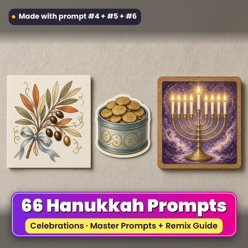 Hanukkah prompt pack: 66 master prompts + Remix Guide, with a UV-printed greeting card, acrylic ornament and mug set made with prompts #4, #5 and #6