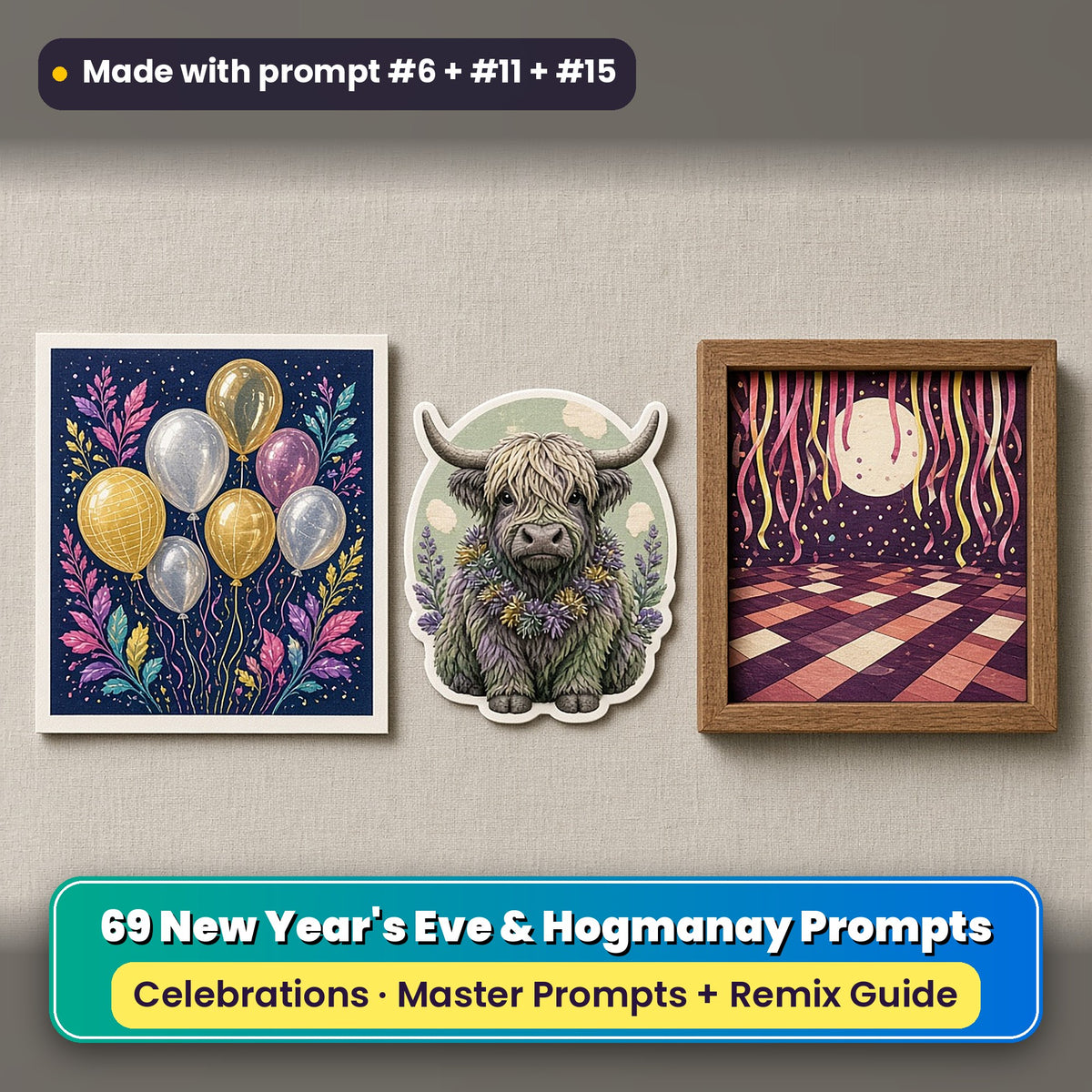 New Year's Eve & Hogmanay prompt pack: 69 master prompts + Remix Guide, with a UV-printed greeting card, acrylic ornament and mug set made with prompts #6, #11 and #15
