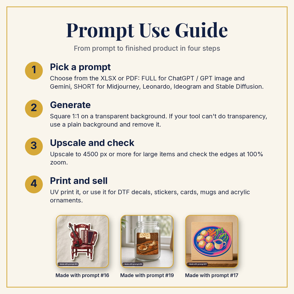 Prompt Use Guide: pick a prompt, generate, upscale and check, then print and sell, with example products made with prompts #16, #19 and #17