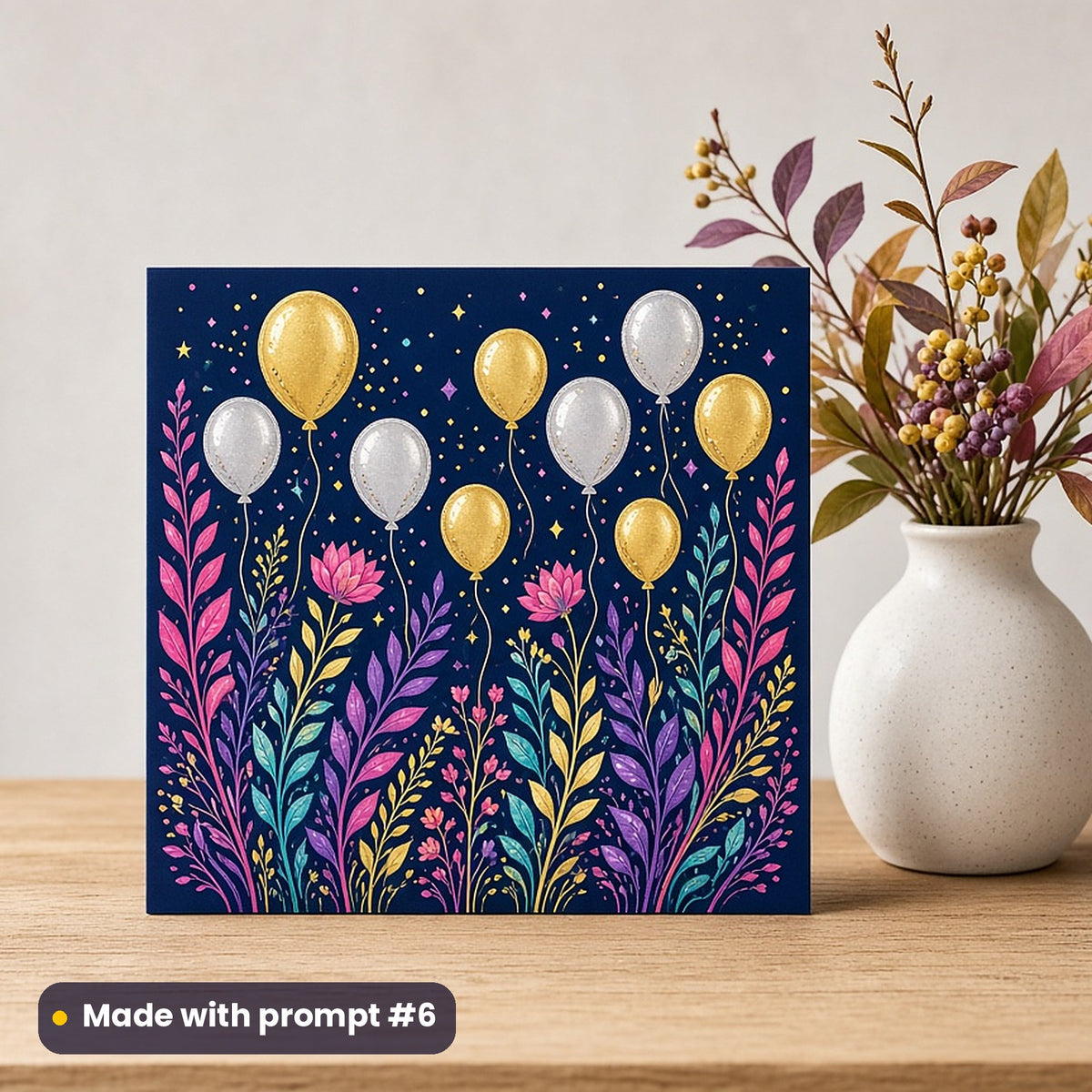 New Year's Eve & Hogmanay artwork printed on a flat-printed greeting card: gold and silver balloons at a midnight party, elegant line & floral style, made with prompt #6 from this pack
