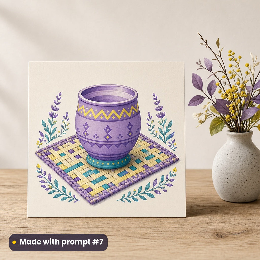Kwanzaa artwork printed on a flat-printed greeting card: unity cup on a woven mat, folk art style, made with prompt #7 from this pack