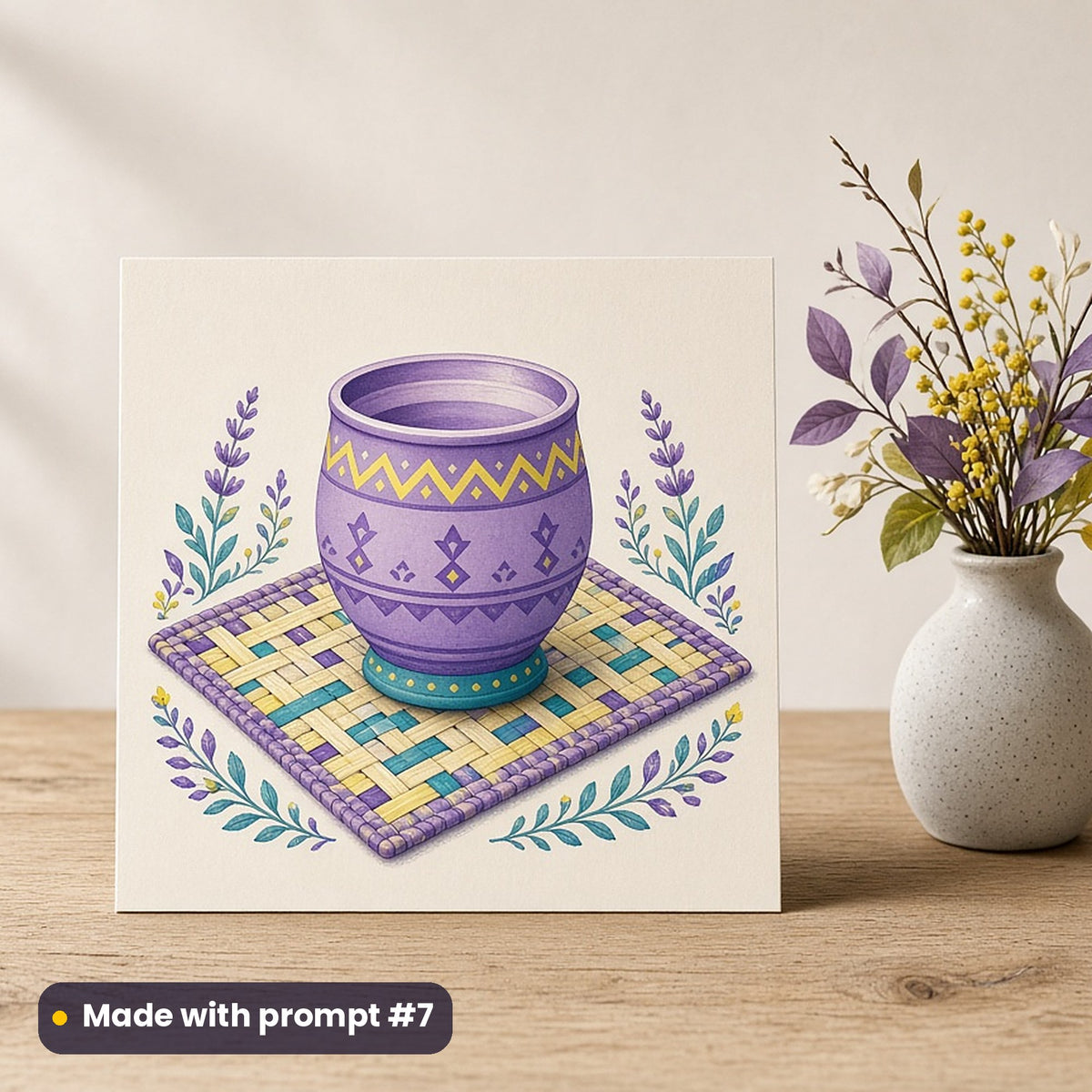 Kwanzaa artwork printed on a flat-printed greeting card: unity cup on a woven mat, folk art style, made with prompt #7 from this pack