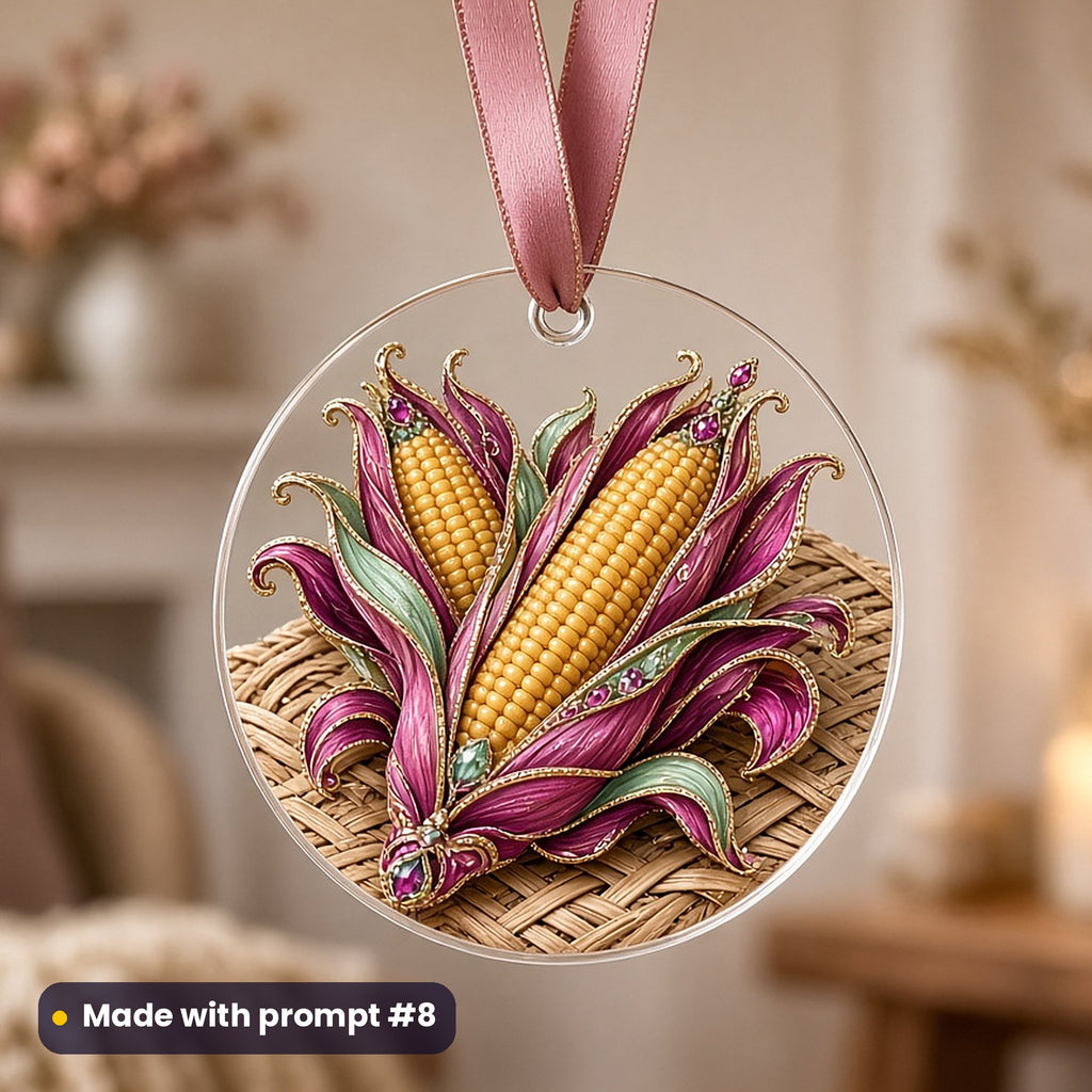 Kwanzaa artwork printed on a UV-printed clear acrylic ornament: ears of corn on a woven mat, luxury enamel & gemstone style, made with prompt #8 from this pack