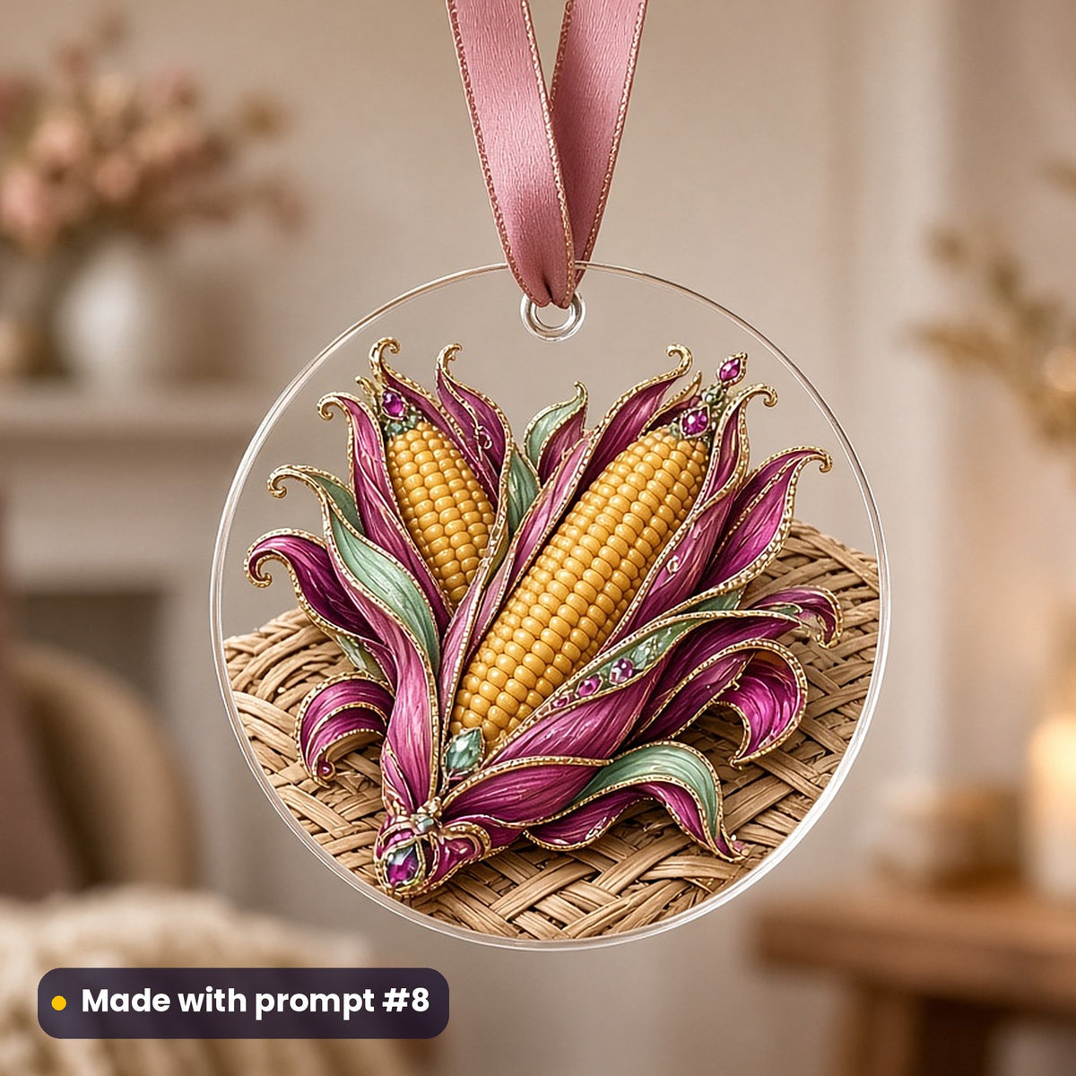 Kwanzaa artwork printed on a UV-printed clear acrylic ornament: ears of corn on a woven mat, luxury enamel & gemstone style, made with prompt #8 from this pack