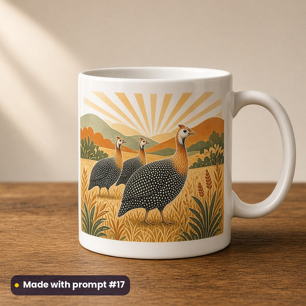 Kwanzaa artwork printed on a UV-printed ceramic mug: guinea fowl in a field, art deco style, made with prompt #17 from this pack
