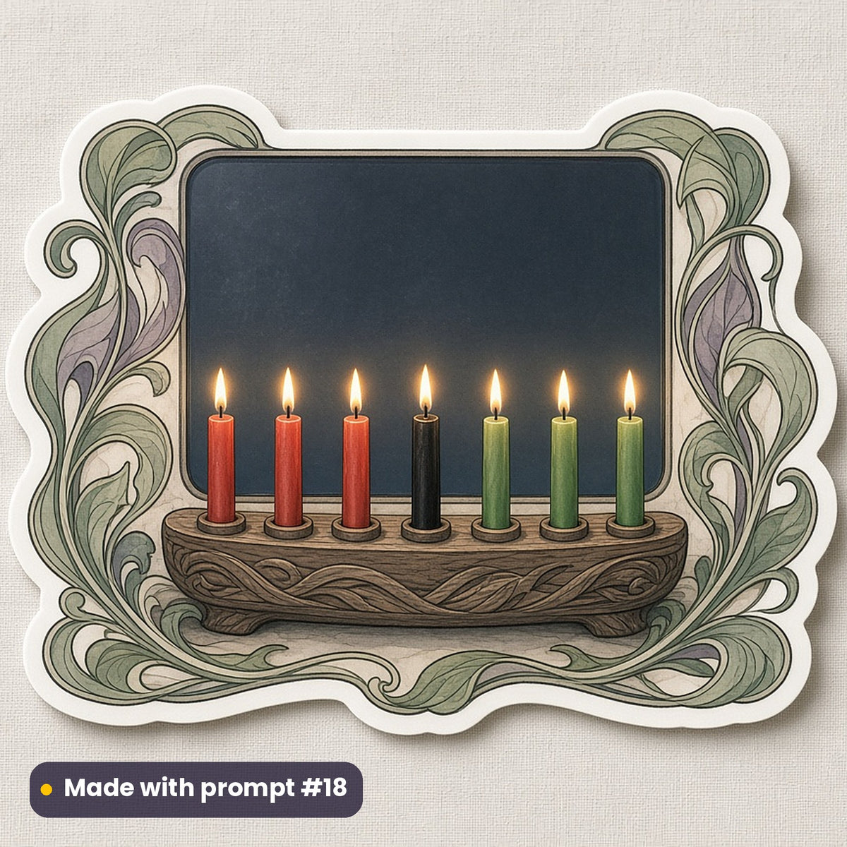 Kwanzaa artwork printed on a die-cut vinyl sticker: a kinara with three red, one black and three green candles (black in the centre) in front of a single plain dark pane, art nouveau style, made with prompt #18 from this pack