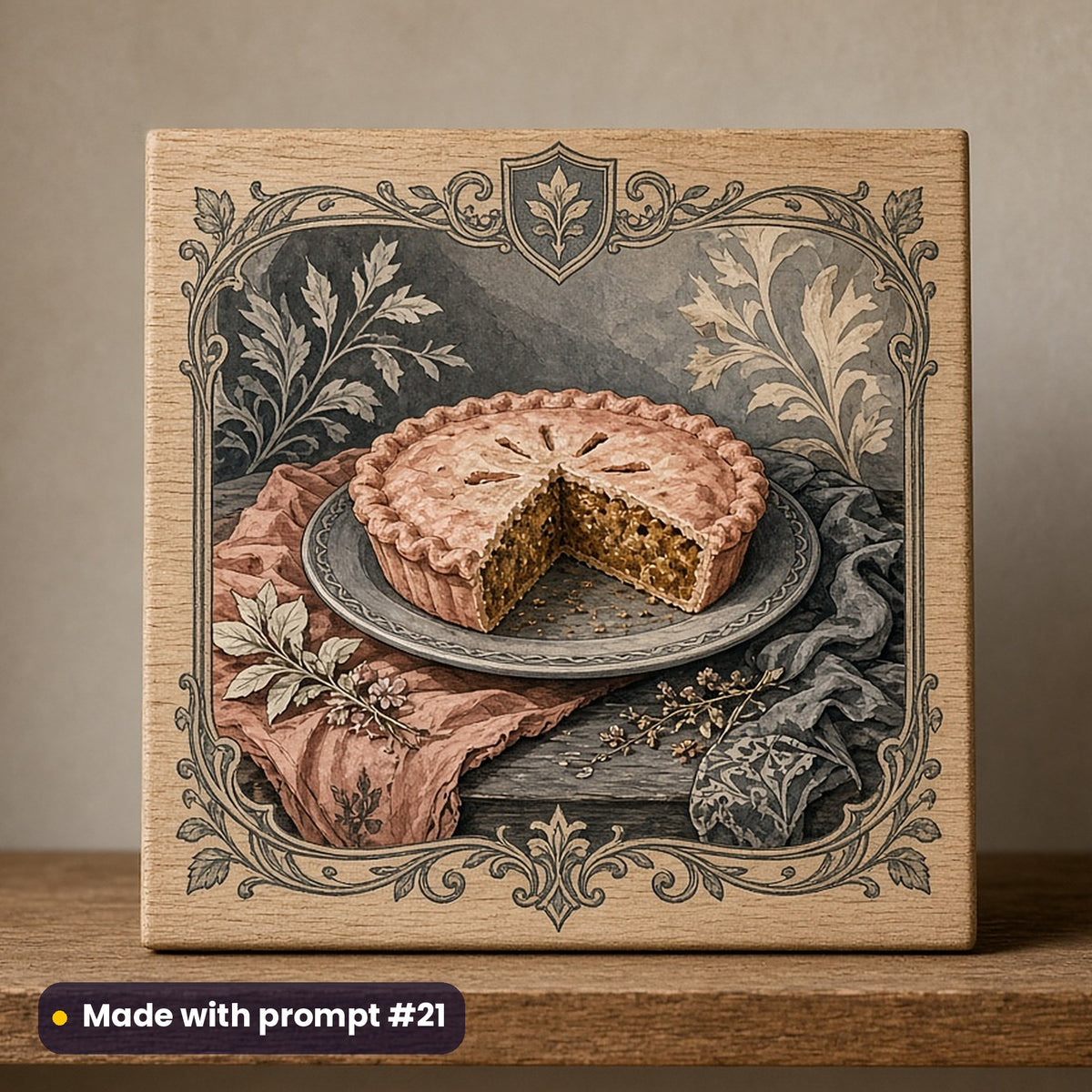 Kwanzaa artwork printed on a UV-printed wooden plaque: sweet potato pie on a table, watercolour & ink style, made with prompt #21 from this pack