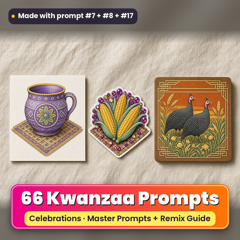 Kwanzaa prompt pack: 66 master prompts + Remix Guide, with a UV-printed greeting card, acrylic ornament and mug set made with prompts #7, #8 and #17