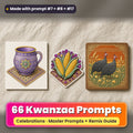 Kwanzaa prompt pack: 66 master prompts + Remix Guide, with a UV-printed greeting card, acrylic ornament and mug set made with prompts #7, #8 and #17