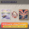 St Lucia's Day prompt pack: 69 master prompts + Remix Guide, with a UV-printed greeting card, acrylic ornament and mug set made with prompts #7, #9 and #10