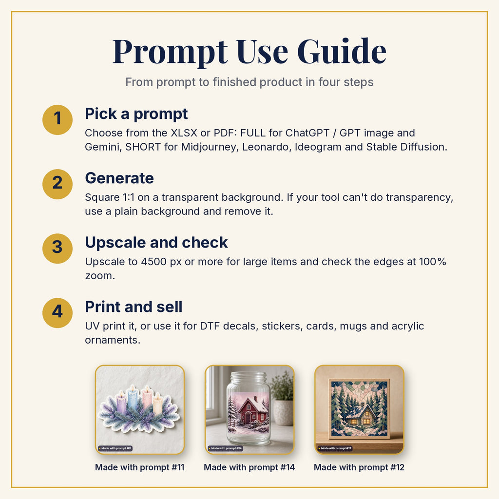 Prompt Use Guide: pick a prompt, generate, upscale and check, then print and sell, with example products made with prompts #11, #14 and #12