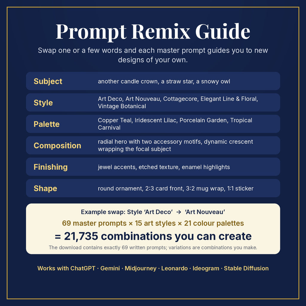 Prompt Remix Guide: swap subject, style, palette, composition, finishing and shape; 69 master prompts × 15 styles × 21 palettes = 21,735 combinations you can create