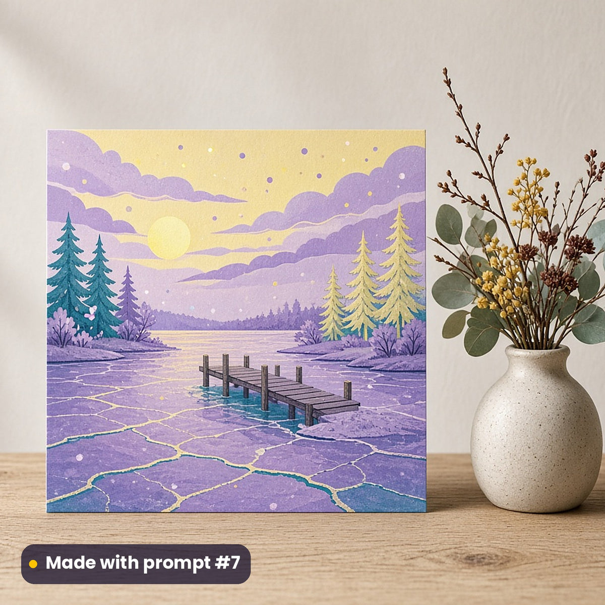 St Lucia's Day artwork printed on a flat-printed greeting card: frozen lake with a small wooden jetty, folk art style, made with prompt #7 from this pack