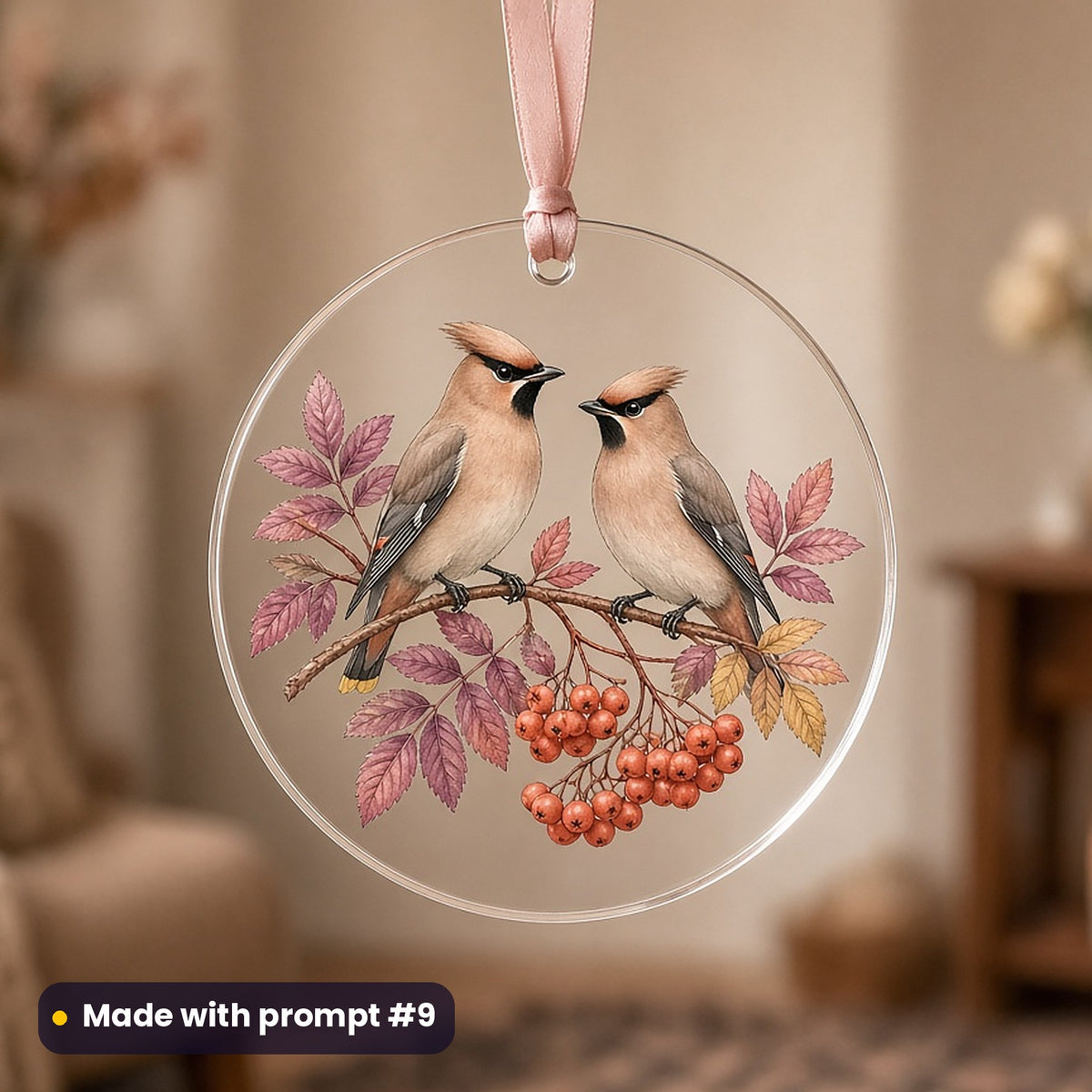St Lucia's Day artwork printed on a UV-printed clear acrylic ornament: waxwings on a rowan branch, luxury porcelain style, made with prompt #9 from this pack