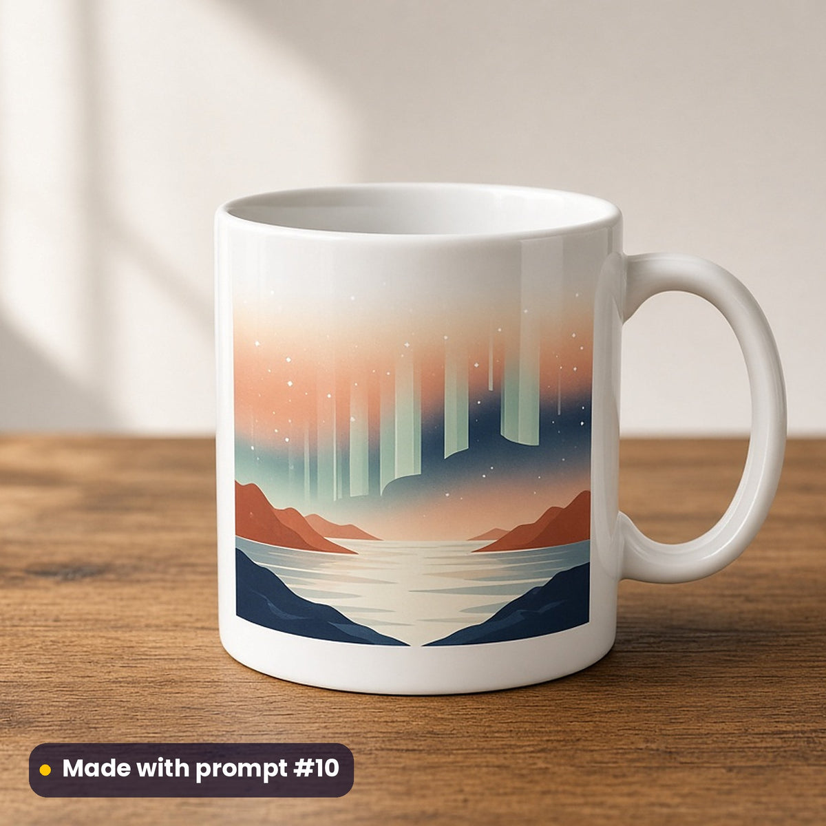 St Lucia's Day artwork printed on a UV-printed ceramic mug: northern lights over a frozen lake, minimal bold graphic style, made with prompt #10 from this pack