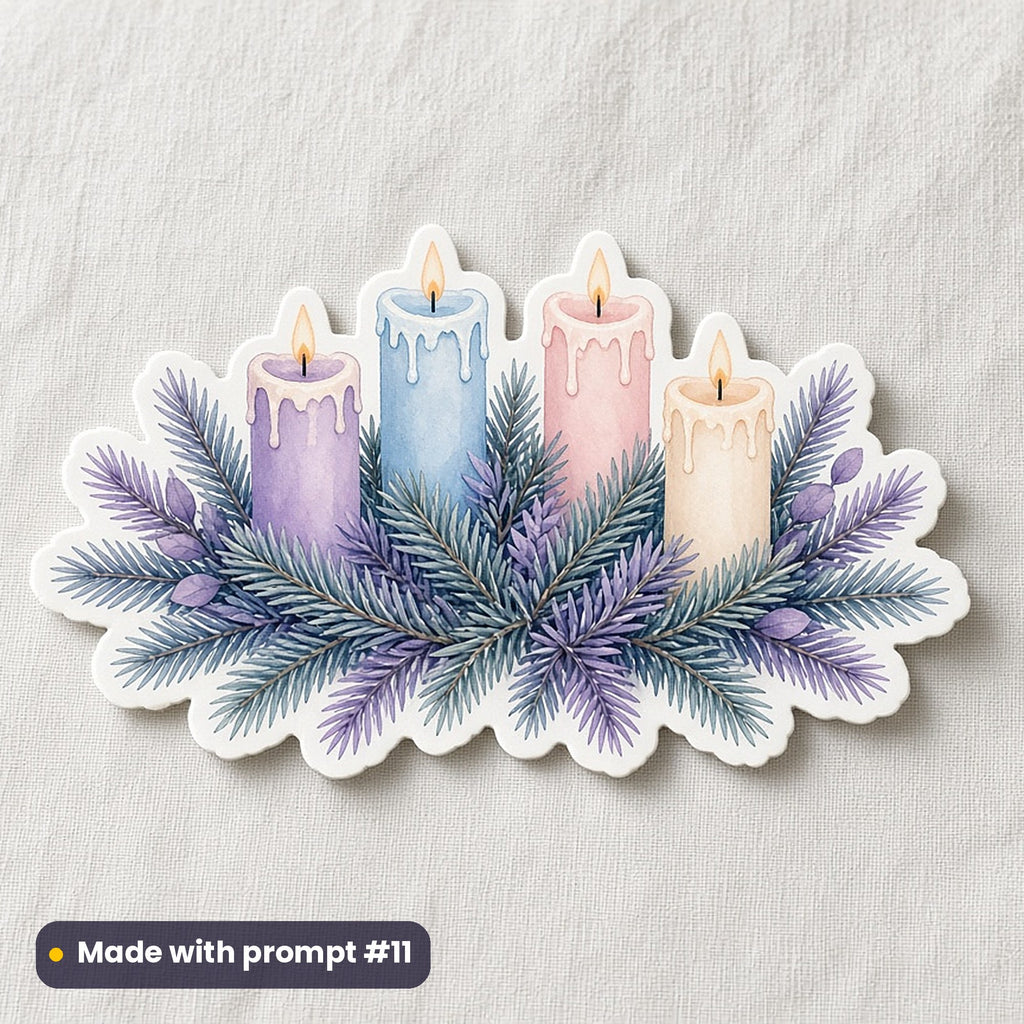 St Lucia's Day artwork printed on a die-cut vinyl sticker: crown of candles resting on evergreen leaves, modern scandinavian style, made with prompt #11 from this pack