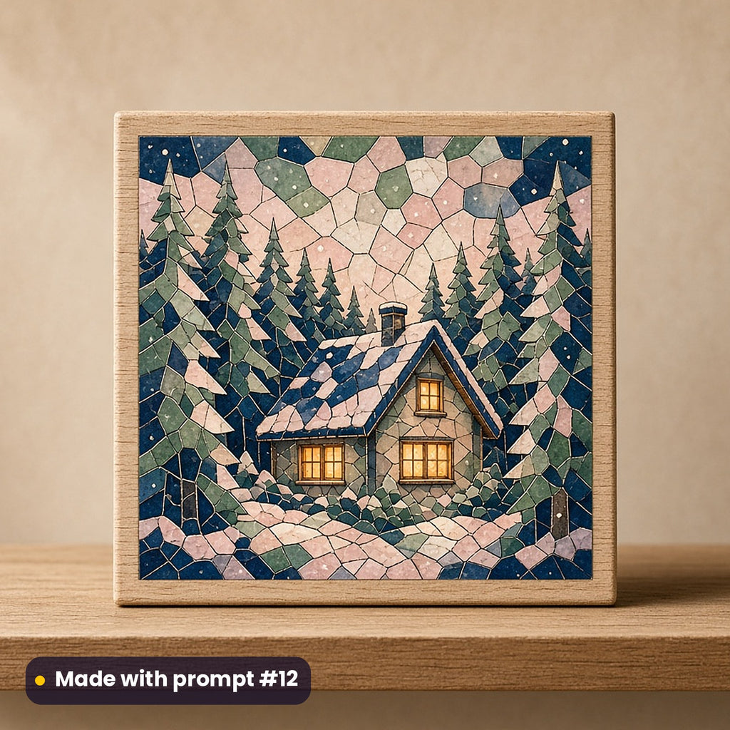 St Lucia's Day artwork printed on a UV-printed wooden plaque: snowy forest cabin with lit windows, mosaic jewel style, made with prompt #12 from this pack