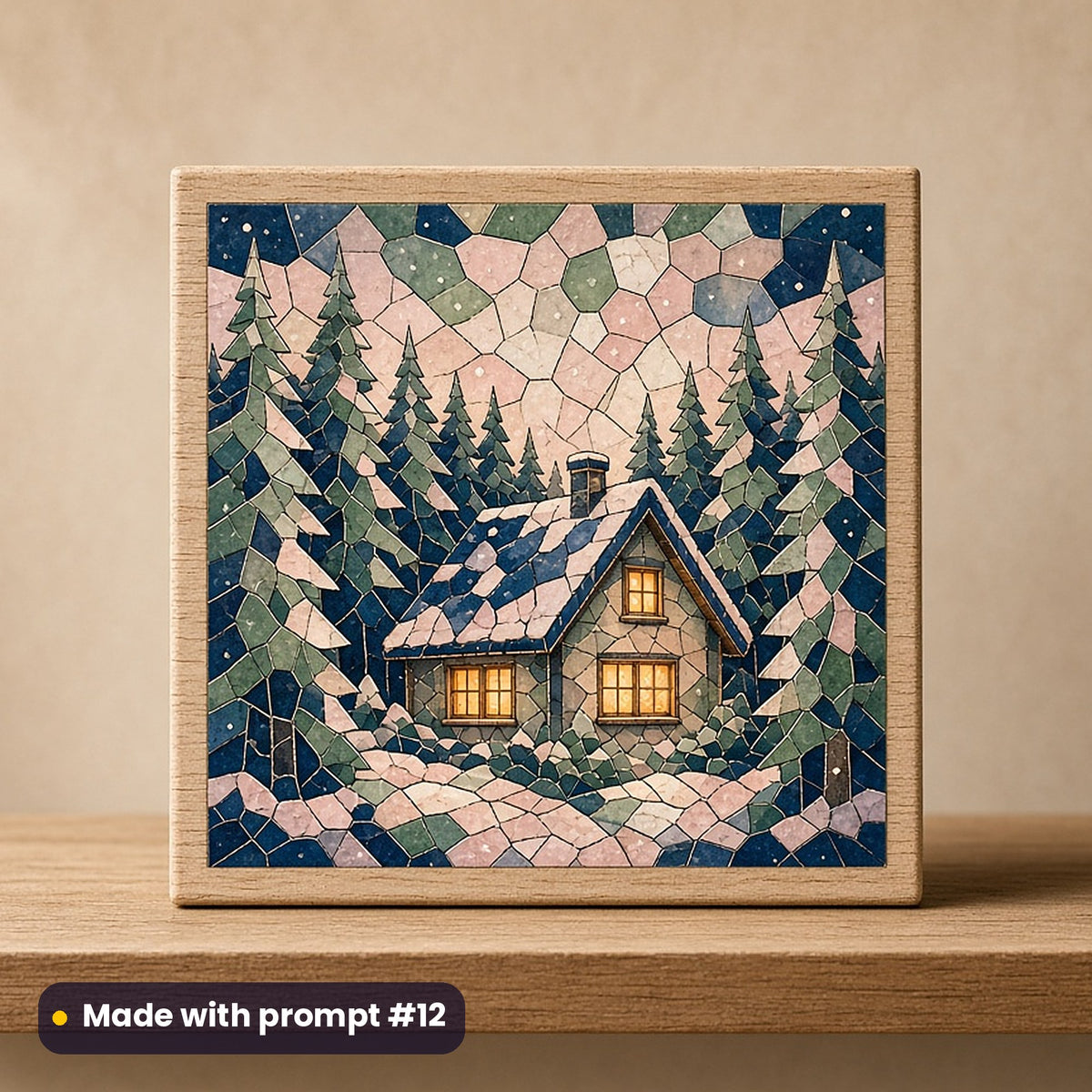 St Lucia's Day artwork printed on a UV-printed wooden plaque: snowy forest cabin with lit windows, mosaic jewel style, made with prompt #12 from this pack