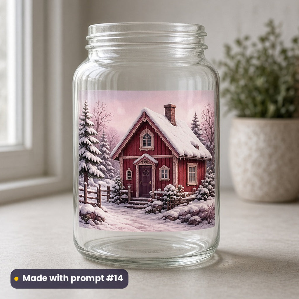 St Lucia's Day artwork printed on a UV DTF decal on glass: red wooden cottage in the snow, premium sculpted 3d style, made with prompt #14 from this pack