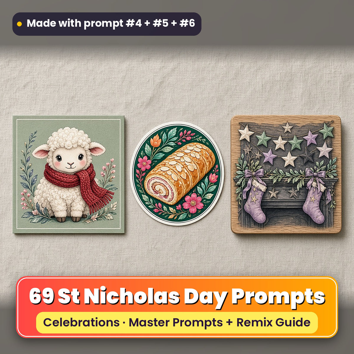St Nicholas Day prompt pack: 69 master prompts + Remix Guide, with a UV-printed greeting card, acrylic ornament and mug set made with prompts #4, #5 and #6