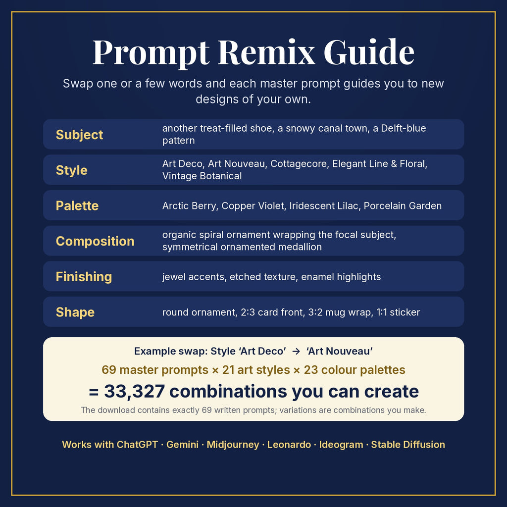 Prompt Remix Guide: swap subject, style, palette, composition, finishing and shape; 69 master prompts × 21 styles × 23 palettes = 33,327 combinations you can create