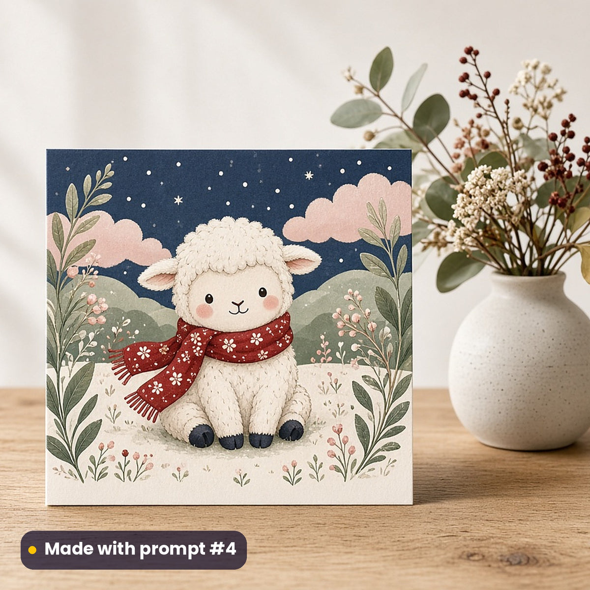 St Nicholas Day artwork printed on a flat-printed greeting card: cute lamb wrapped in a red scarf, cute kawaii style, made with prompt #4 from this pack