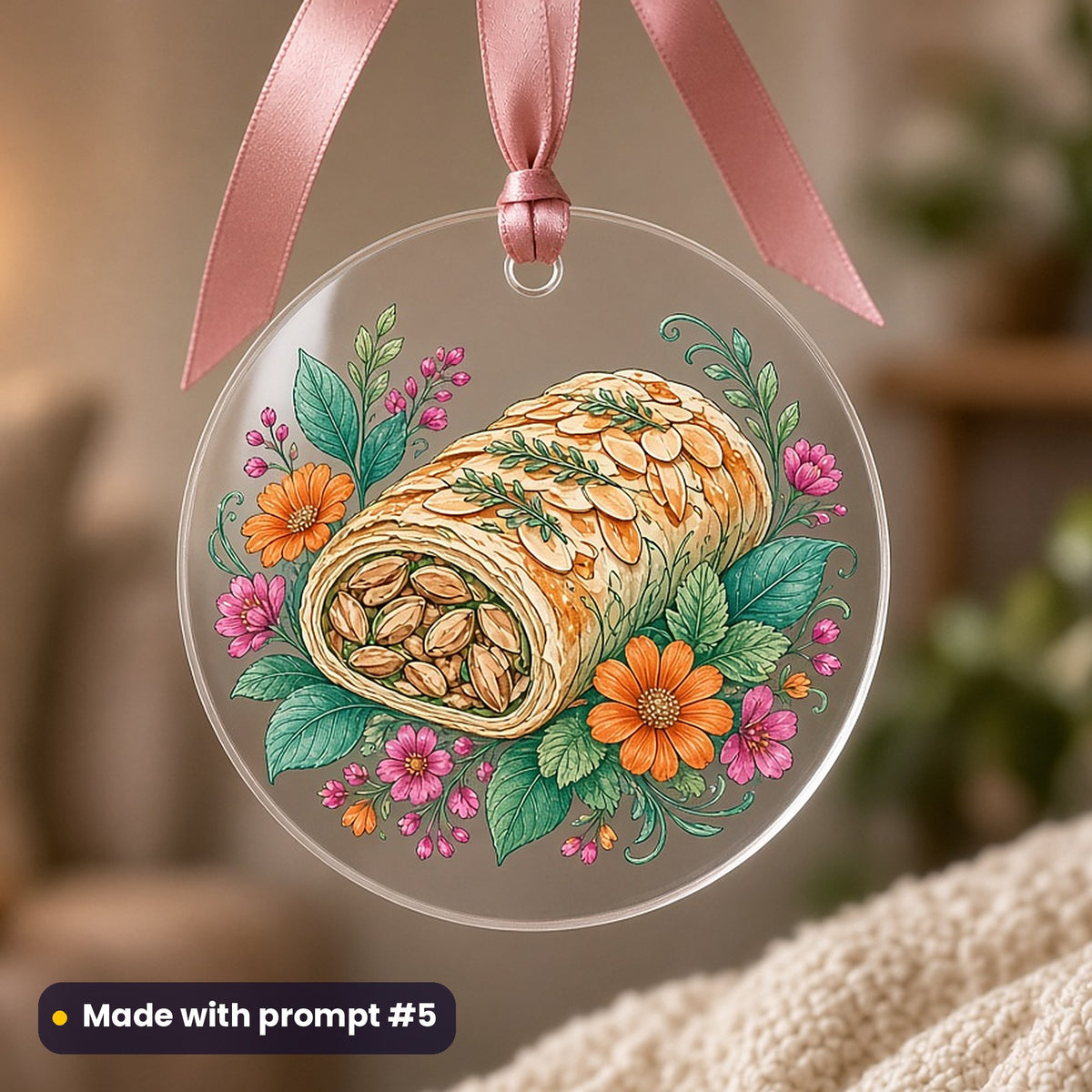 St Nicholas Day artwork printed on a UV-printed clear acrylic ornament: almond-filled pastry log, elegant line & floral style, made with prompt #5 from this pack