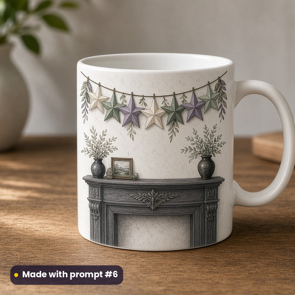 St Nicholas Day artwork printed on a UV-printed ceramic mug: garland of paper stars over a mantel, vintage botanical style, made with prompt #6 from this pack
