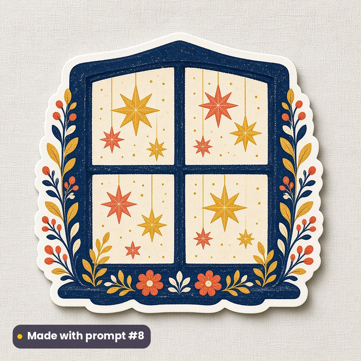 St Nicholas Day artwork printed on a die-cut vinyl sticker: window lit with paper stars, folk art style, made with prompt #8 from this pack