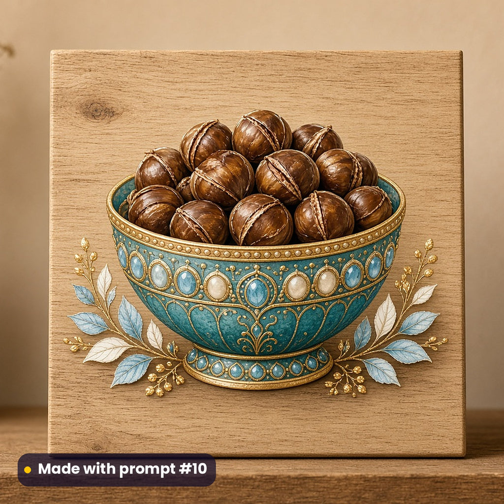 St Nicholas Day artwork printed on a UV-printed wooden plaque: bowl of roasted chestnuts, luxury enamel & gemstone style, made with prompt #10 from this pack
