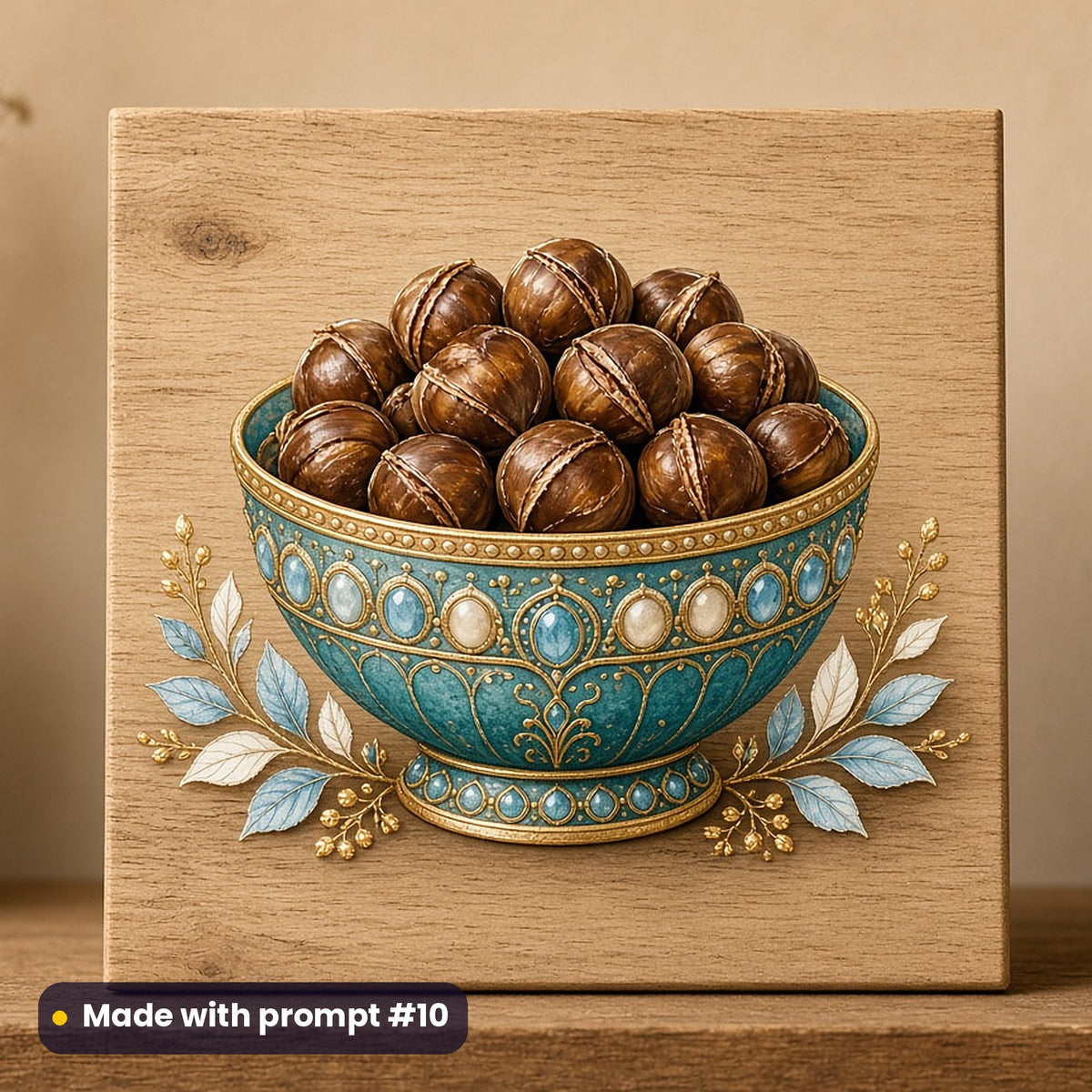 St Nicholas Day artwork printed on a UV-printed wooden plaque: bowl of roasted chestnuts, luxury enamel & gemstone style, made with prompt #10 from this pack
