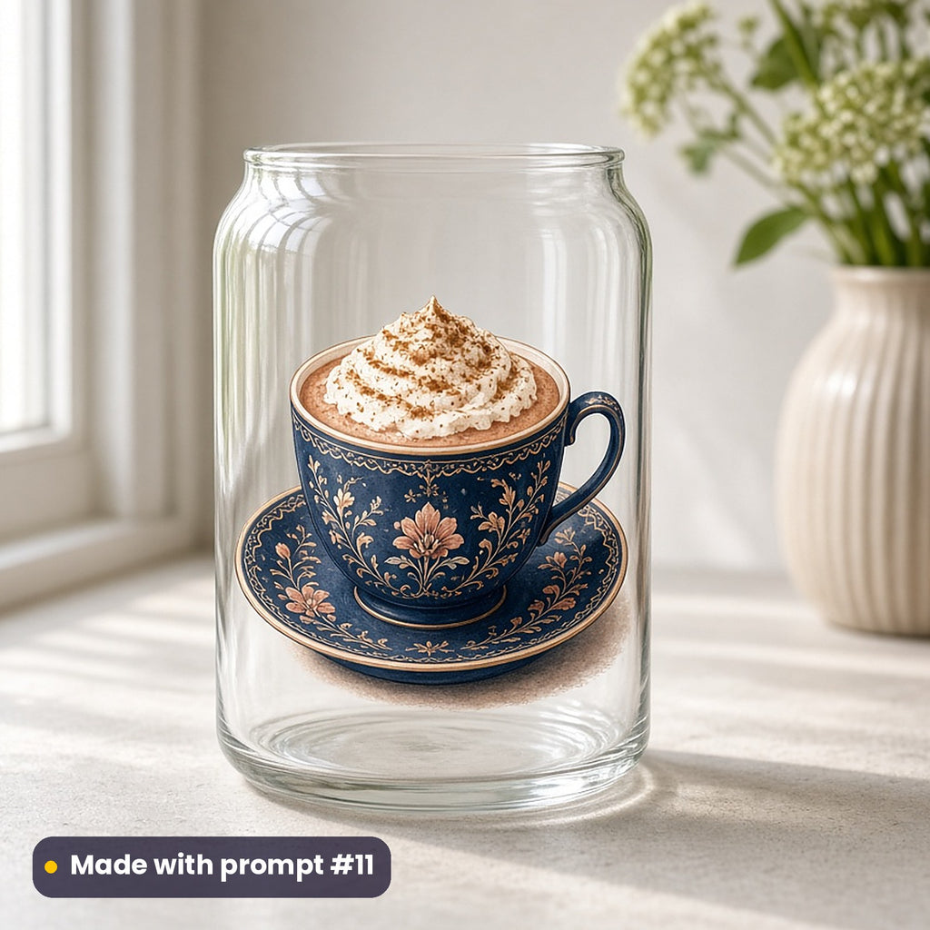 St Nicholas Day artwork printed on a UV DTF decal on glass: hot chocolate with whipped cream and cinnamon, luxury porcelain style, made with prompt #11 from this pack