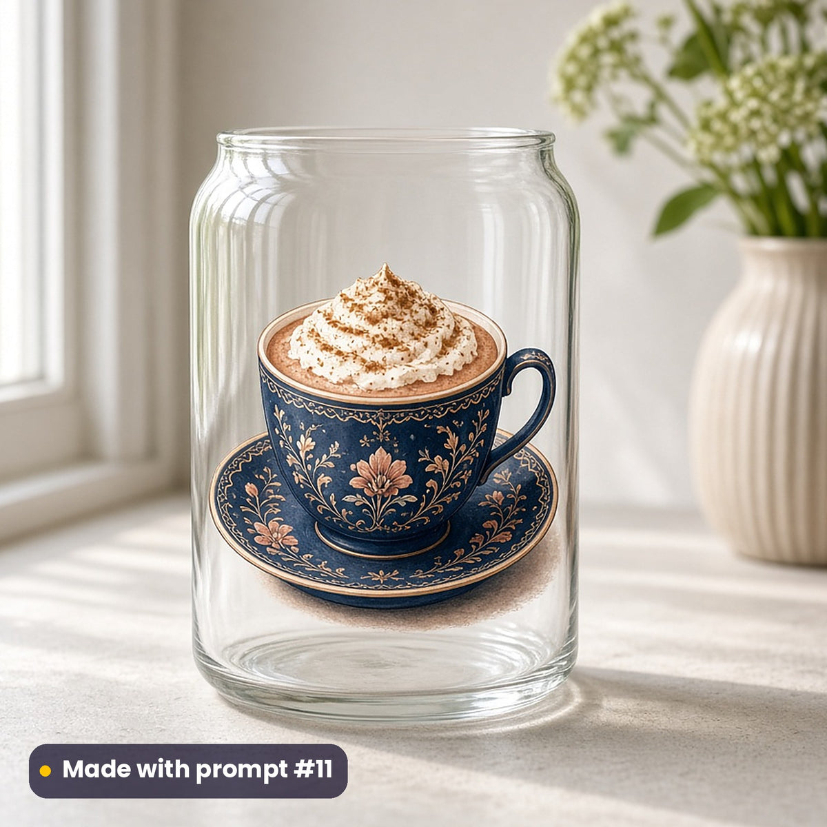St Nicholas Day artwork printed on a UV DTF decal on glass: hot chocolate with whipped cream and cinnamon, luxury porcelain style, made with prompt #11 from this pack