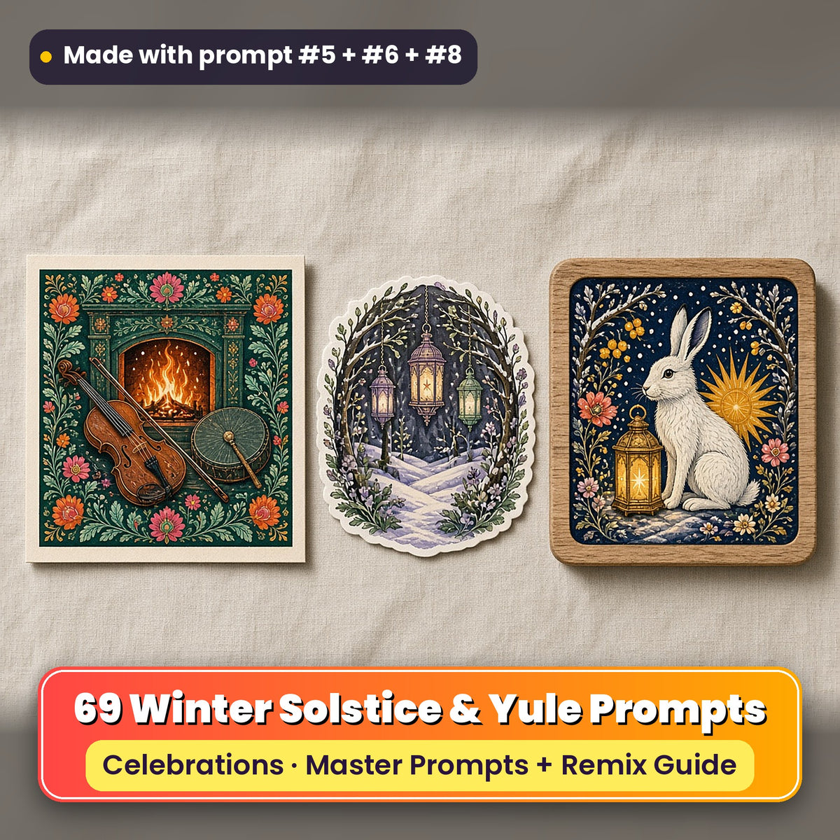 Winter Solstice & Yule prompt pack: 69 master prompts + Remix Guide, with a UV-printed greeting card, acrylic ornament and mug set made with prompts #5, #6 and #8
