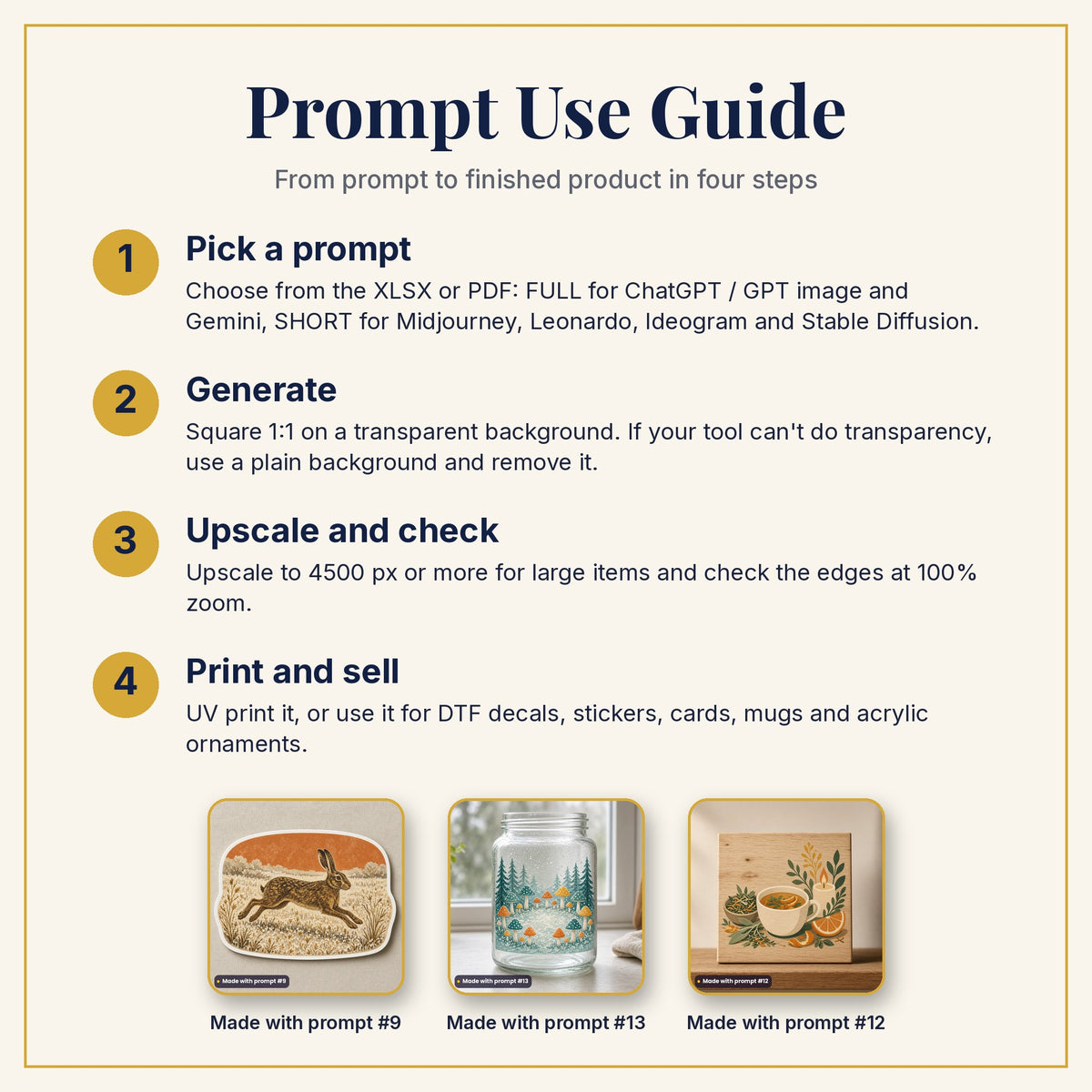 Prompt Use Guide: pick a prompt, generate, upscale and check, then print and sell, with example products made with prompts #9, #13 and #12