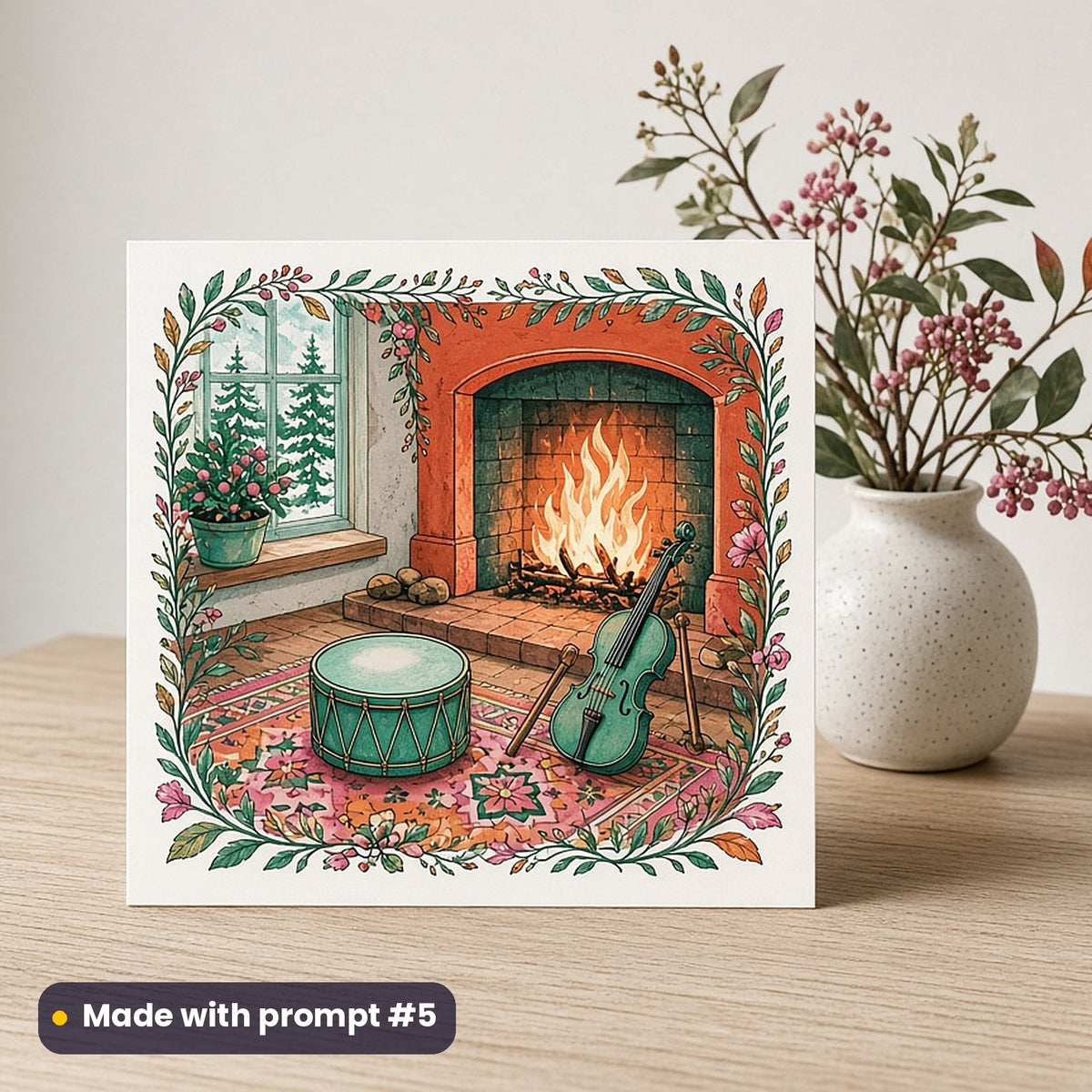 Winter Solstice & Yule artwork printed on a flat-printed greeting card: fiddle and drum by a winter fire, elegant line & floral style, made with prompt #5 from this pack