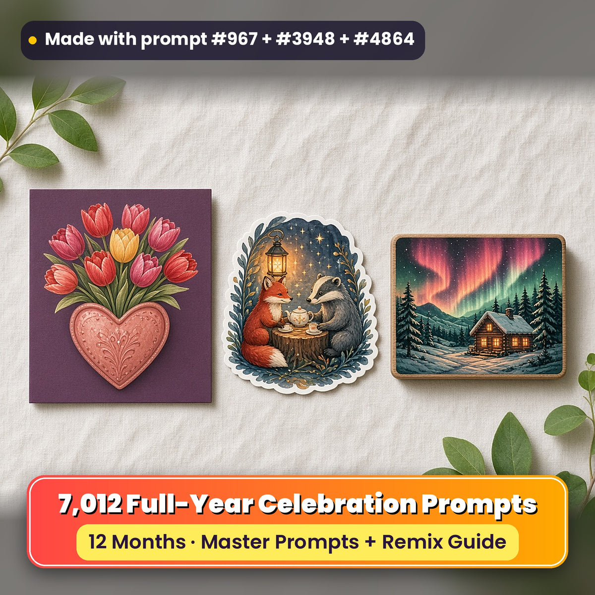 Full-Year Celebrations prompt library: 7,012 master prompts + Remix Guide, with a greeting card, die-cut sticker and wooden plaque flat-lay made with prompts #967, #3948 and #4864