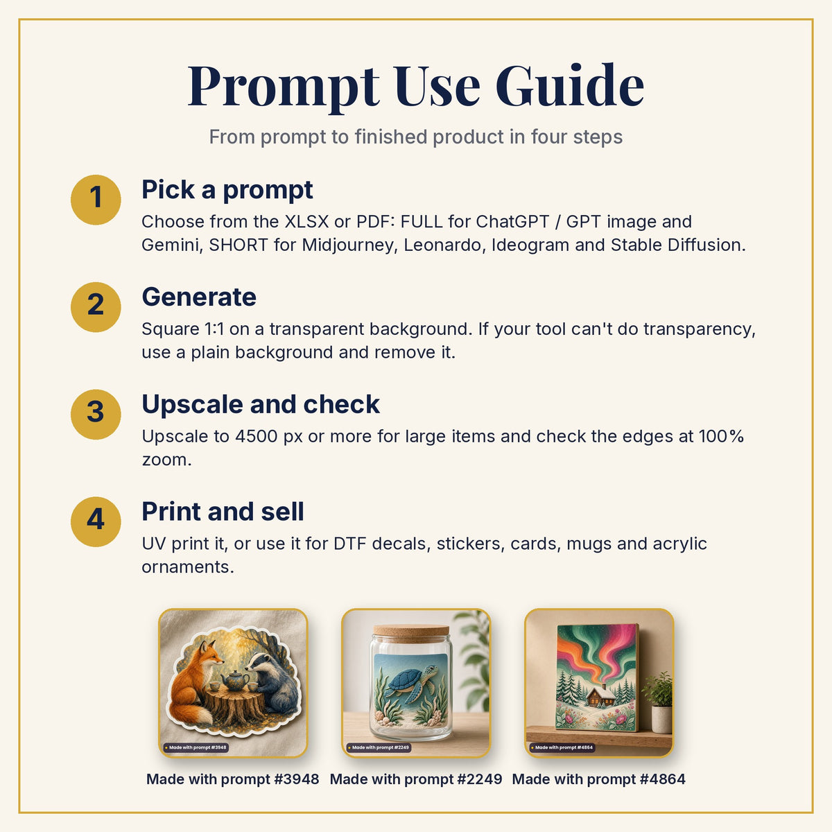 Prompt Use Guide: pick a prompt, generate, upscale and check, then print and sell, with example products made with prompts #3948, #2249 and #4864