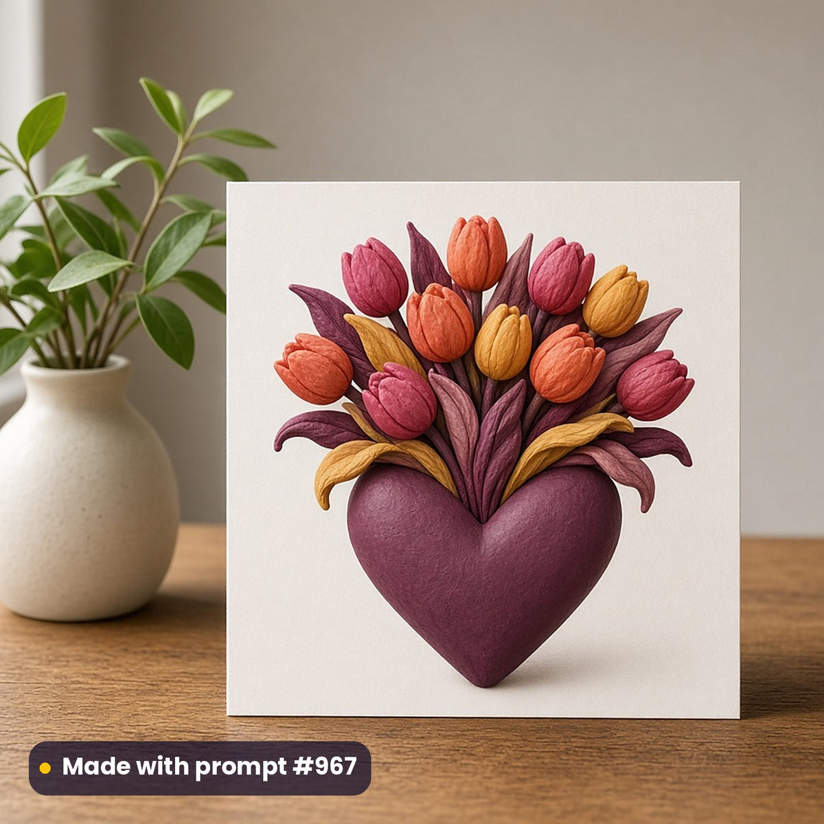 February: Valentine's Day artwork printed on a flat-printed greeting card: red tulips bursting from a heart-shaped vase, handcrafted clay illusion style, made with prompt #967 from this pack