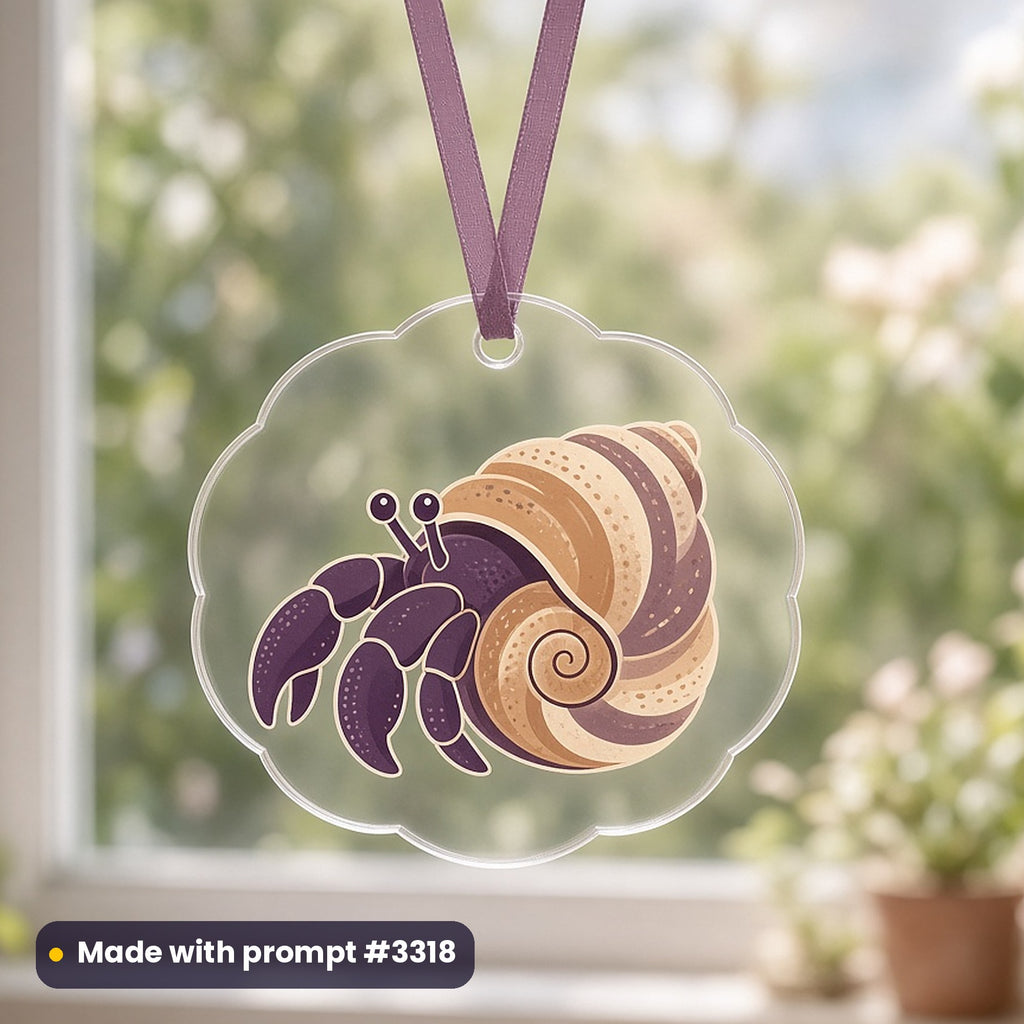 June: World Oceans Day artwork printed on a UV-printed clear acrylic ornament: hermit crab in a spiral shell, minimal bold graphic style, made with prompt #3318 from this pack