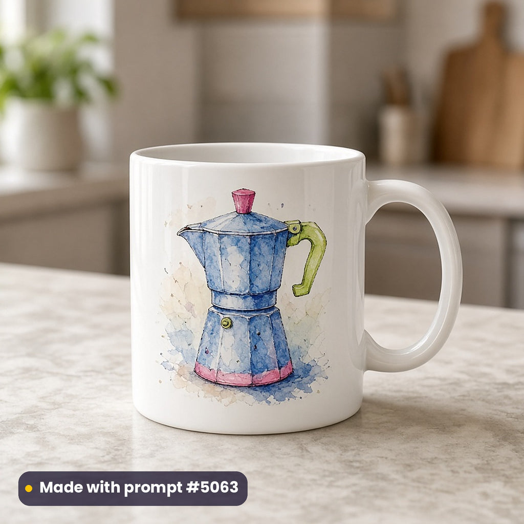 October: International Coffee Day artwork printed on a UV-printed ceramic mug: retro stovetop moka pot, watercolour & ink style, made with prompt #5063 from this pack