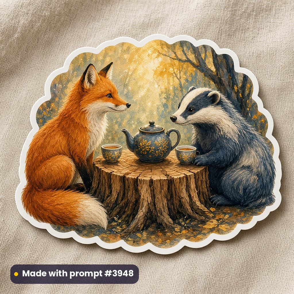 July: International Day of Friendship artwork printed on a die-cut vinyl sticker: fox and badger sharing tea, fantasy luminous style, made with prompt #3948 from this pack