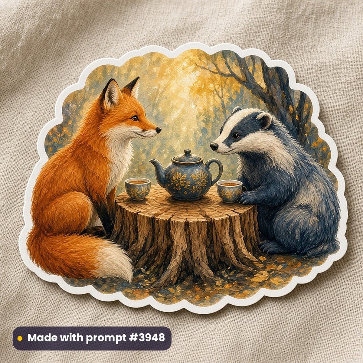 July: International Day of Friendship artwork printed on a die-cut vinyl sticker: fox and badger sharing tea, fantasy luminous style, made with prompt #3948 from this pack