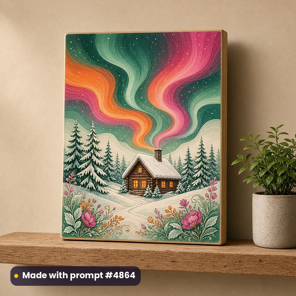 September: World Tourism Day artwork printed on a UV-printed wooden plaque: northern lights over a cabin, elegant line & floral style, made with prompt #4864 from this pack