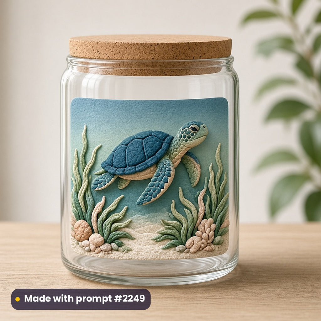 April: Earth Day artwork printed on a UV DTF decal on glass: sea turtle swimming over seagrass, handcrafted clay illusion style, made with prompt #2249 from this pack